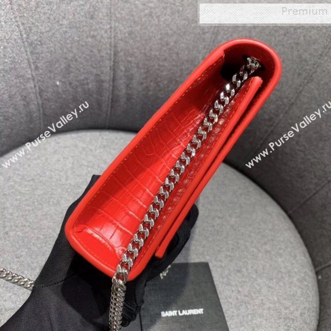 Saint Laurent Kate Medium with Tassel in Embossed Crocodile Shiny Leather 354119 Red (JUND-9102909)