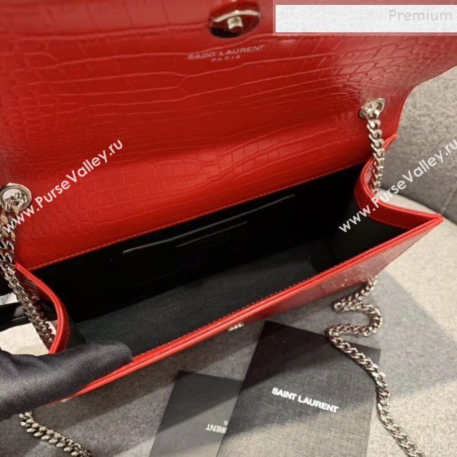 Saint Laurent Kate Medium with Tassel in Embossed Crocodile Shiny Leather 354119 Red (JUND-9102909)