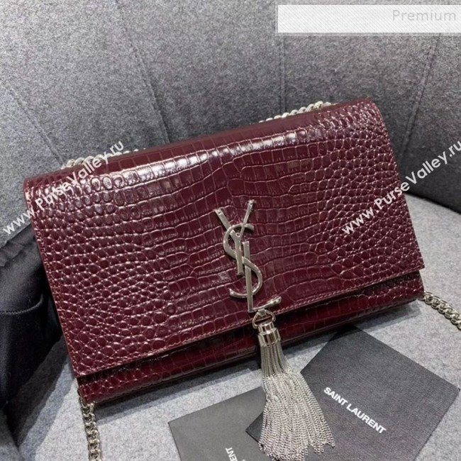 Saint Laurent Kate Medium with Tassel in Embossed Crocodile Shiny Leather 354119 Burgundy (JUND-9102910)