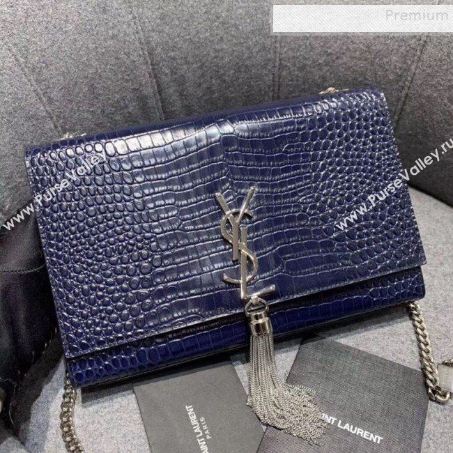 Saint Laurent Kate Medium with Tassel in Embossed Crocodile Shiny Leather 354119 Blue (JUND-9102911)