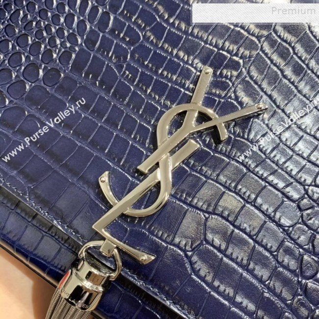 Saint Laurent Kate Medium with Tassel in Embossed Crocodile Shiny Leather 354119 Blue (JUND-9102911)