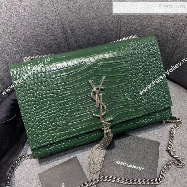 Saint Laurent Kate Medium with Tassel in Embossed Crocodile Shiny Leather 354119 Green (JUND-9102912)