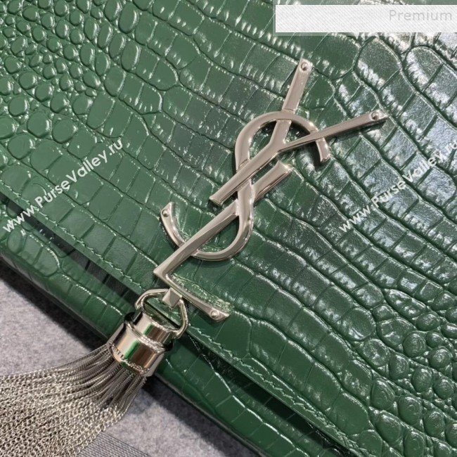 Saint Laurent Kate Medium with Tassel in Embossed Crocodile Shiny Leather 354119 Green (JUND-9102912)