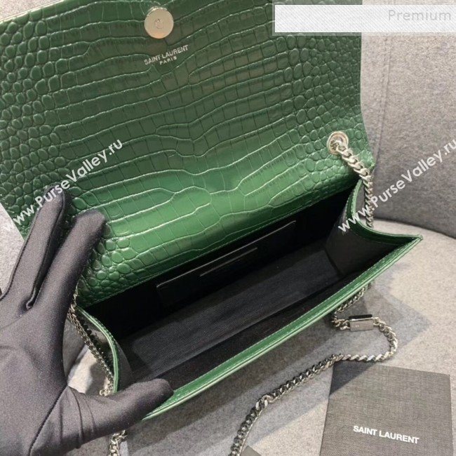 Saint Laurent Kate Medium with Tassel in Embossed Crocodile Shiny Leather 354119 Green (JUND-9102912)