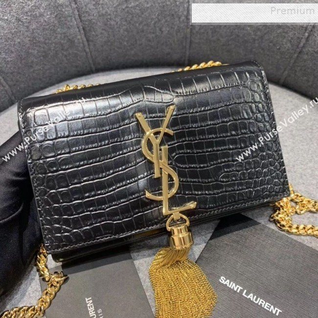 Saint Laurent Kate Small with Tassel in Embossed Crocodile Shiny Leather 354120 Black/Gold  (JUND-9102914)