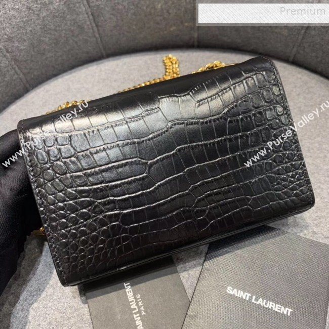 Saint Laurent Kate Small with Tassel in Embossed Crocodile Shiny Leather 354120 Black/Gold  (JUND-9102914)