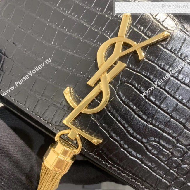 Saint Laurent Kate Small with Tassel in Embossed Crocodile Shiny Leather 354120 Black/Gold  (JUND-9102914)