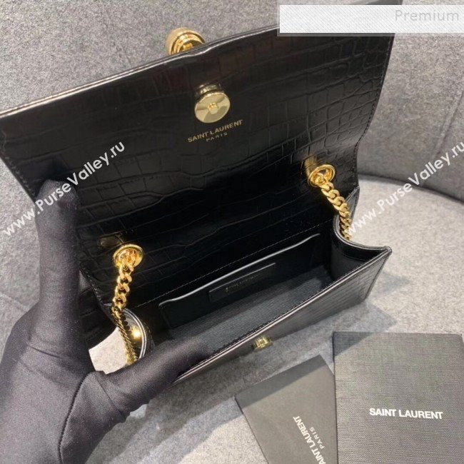 Saint Laurent Kate Small with Tassel in Embossed Crocodile Shiny Leather 354120 Black/Gold  (JUND-9102914)