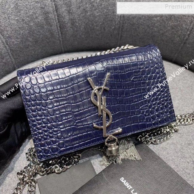 Saint Laurent Kate Small with Tassel in Embossed Crocodile Shiny Leather 354120 Blue (JUND-9102915)