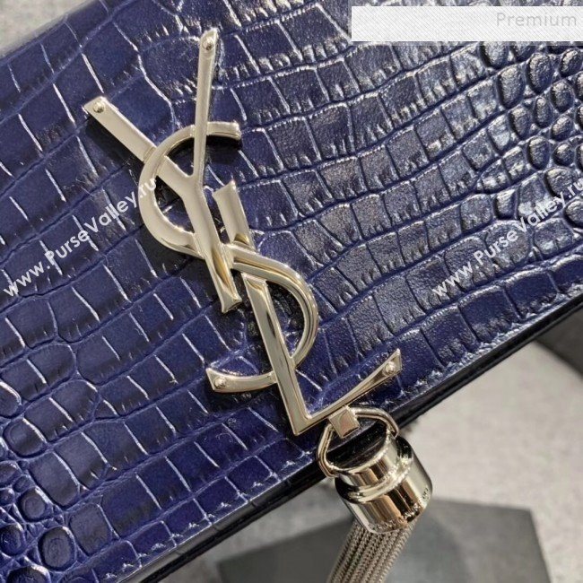 Saint Laurent Kate Small with Tassel in Embossed Crocodile Shiny Leather 354120 Blue (JUND-9102915)