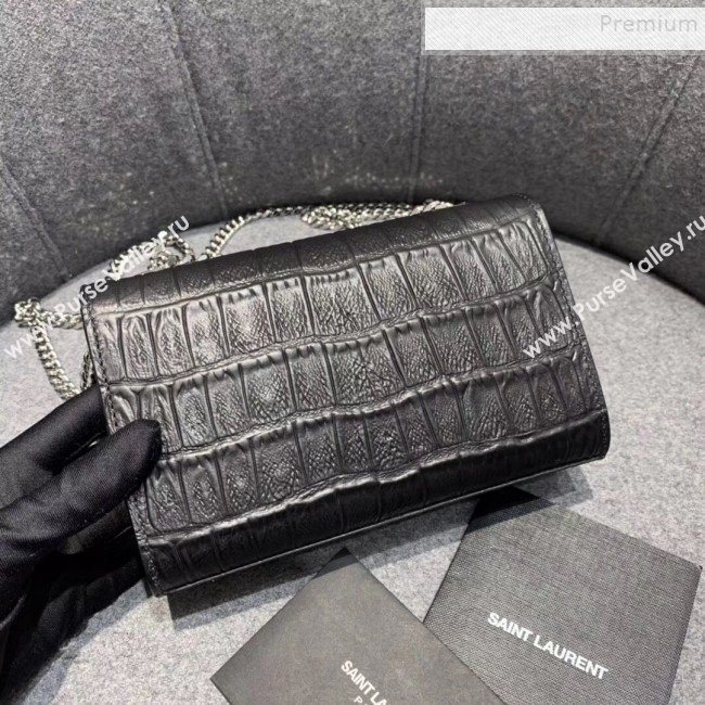 Saint Laurent Kate Small with Tassel in Embossed Crocodile Leather 354120 Black/Silver 01 (JUND-9102916)