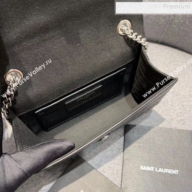 Saint Laurent Kate Small with Tassel in Embossed Crocodile Leather 354120 Black/Silver 01 (JUND-9102916)