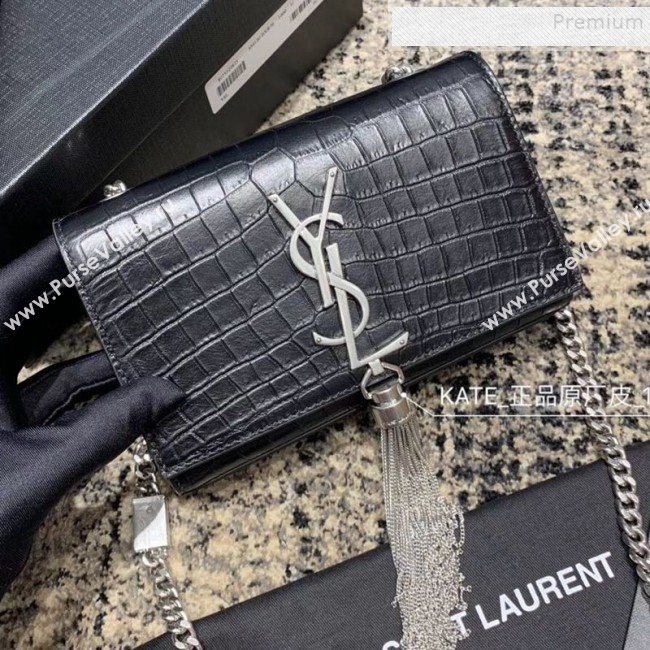 Saint Laurent Kate Small with Tassel in Embossed Crocodile Leather 354120 Black/Silver 02 (JUND-9102917)