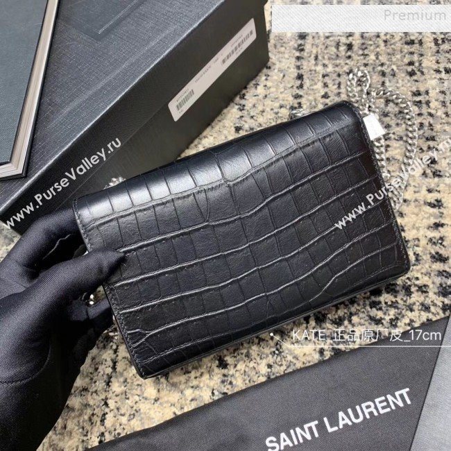 Saint Laurent Kate Small with Tassel in Embossed Crocodile Leather 354120 Black/Silver 02 (JUND-9102917)