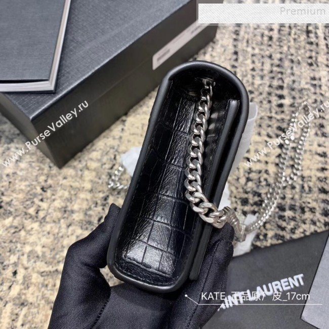 Saint Laurent Kate Small with Tassel in Embossed Crocodile Leather 354120 Black/Silver 02 (JUND-9102917)