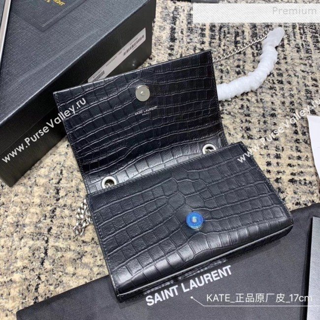 Saint Laurent Kate Small with Tassel in Embossed Crocodile Leather 354120 Black/Silver 02 (JUND-9102917)