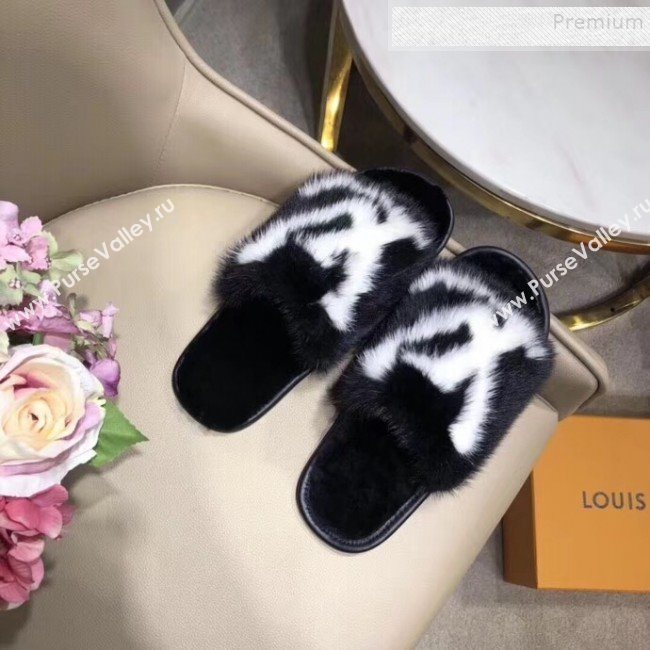 Louis Vuitton Homey Mink Fur LV Flat Mules/Slide Sandals Black 2019 (BLD-911063)