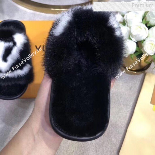 Louis Vuitton Homey Mink Fur LV Flat Mules/Slide Sandals Black 2019 (BLD-911063)