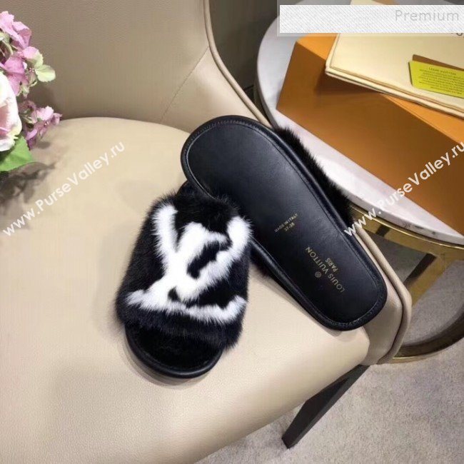 Louis Vuitton Homey Mink Fur LV Flat Mules/Slide Sandals Black 2019 (BLD-911063)