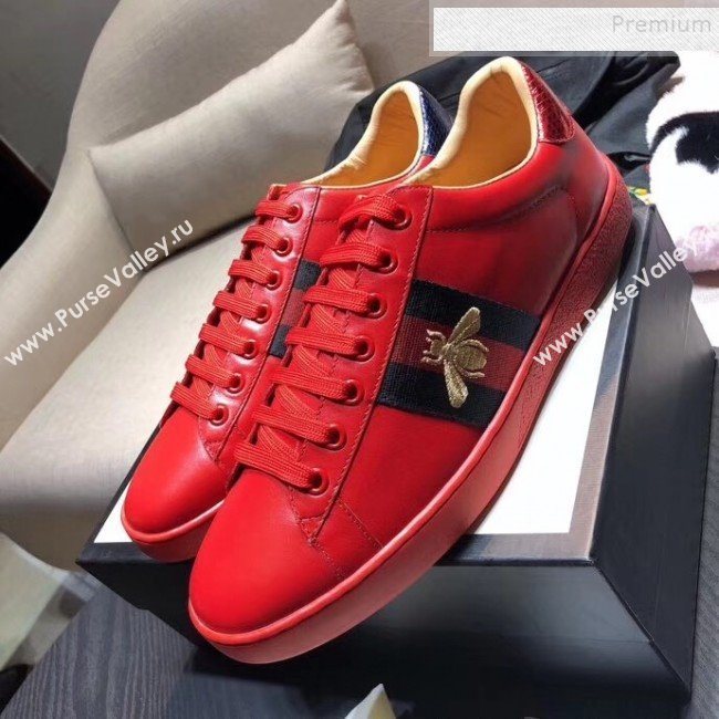 Gucci Ace Sneaker with Real Snake Leatehr Back And Embroidered Bee Red 2019 (DH-9103184)