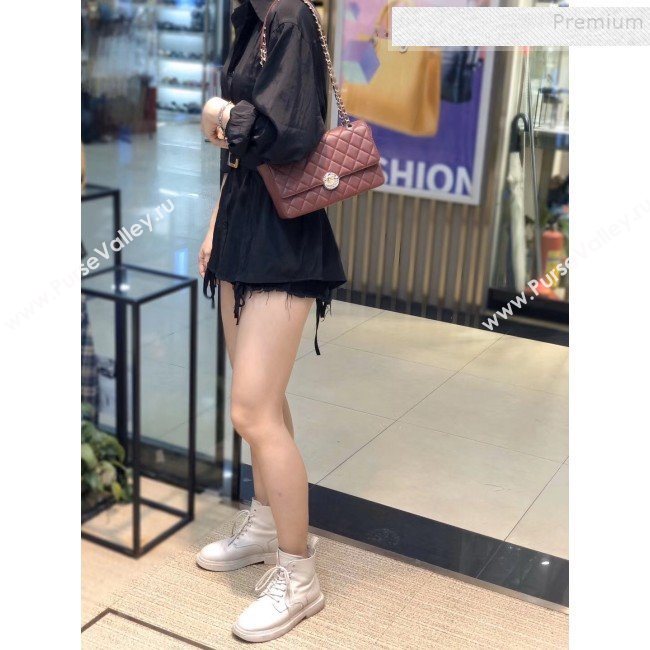 Chanel Quilted Grained Calfskin Round CC Metal Medium Flap Bag AS6099 Burgundy 2019 (SMJD-9102228)