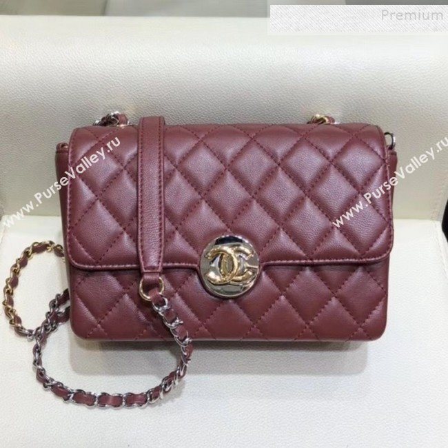 Chanel Quilted Grained Calfskin Round CC Metal Small Flap Bag AS6088 Burgundy 2019 (SMJD-9102227)