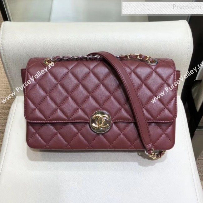Chanel Quilted Grained Calfskin Round CC Metal Medium Flap Bag AS6099 Burgundy 2019 (SMJD-9102228)
