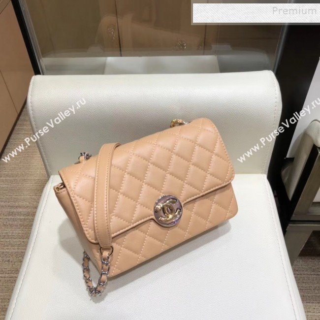 Chanel Quilted Grained Calfskin Round CC Metal Small Flap Bag AS6088 Apricot 2019 (SMJD-9102229)