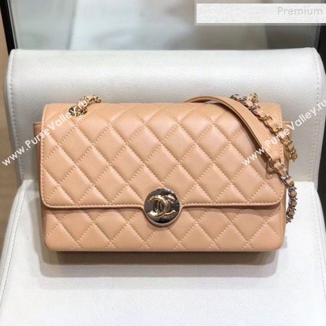 Chanel Quilted Grained Calfskin Round CC Metal Medium Flap Bag AS6099 Apricot 2019 (SMJD-9102230)