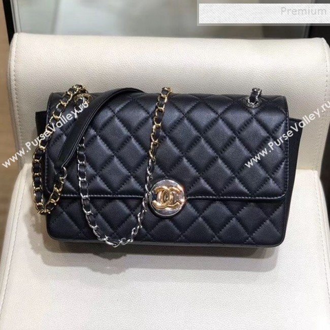 Chanel Quilted Grained Calfskin Round CC Metal Medium Flap Bag AS6099 Black 2019 (SMJD-9102232)