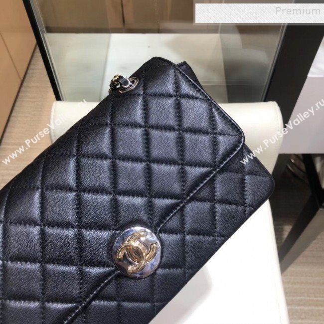 Chanel Quilted Grained Calfskin Round CC Metal Medium Flap Bag AS6099 Black 2019 (SMJD-9102232)