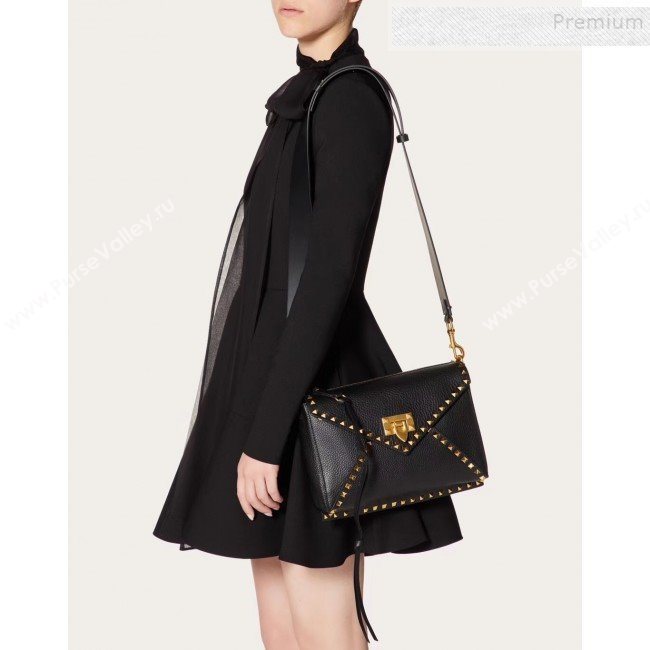 Valentino Medium Rockstud Hype Grainy Calfskin Shoulder Bag 0380 Black 2019 (XYD-9102946)