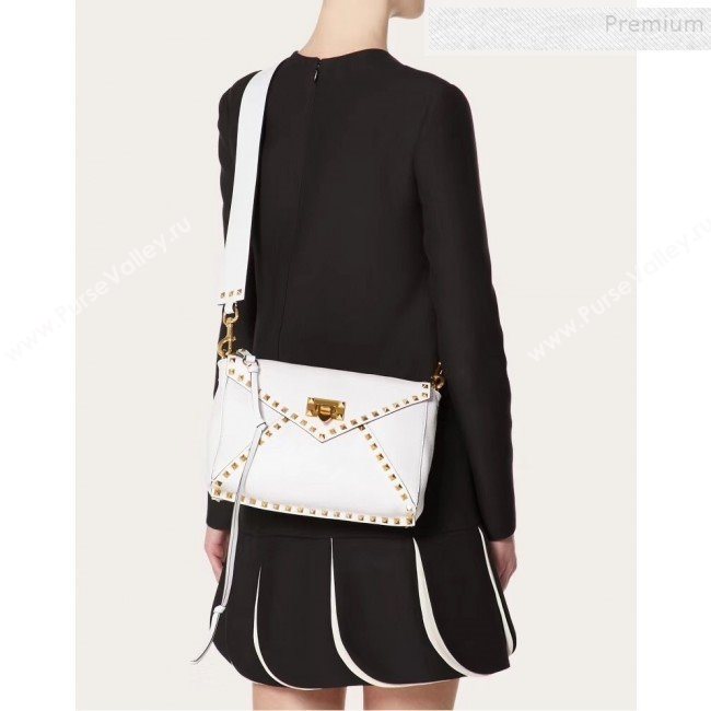 Valentino Medium Rockstud Hype Grainy Calfskin Shoulder Bag 0380 White 2019 (XYD-9102945)