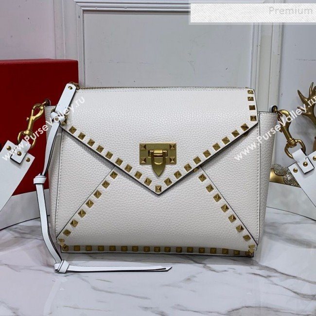 Valentino Medium Rockstud Hype Grainy Calfskin Shoulder Bag 0380 White 2019 (XYD-9102945)