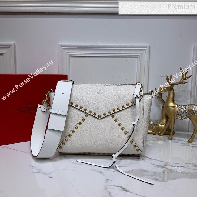 Valentino Medium Rockstud Hype Grainy Calfskin Shoulder Bag 0380 White 2019 (XYD-9102945)