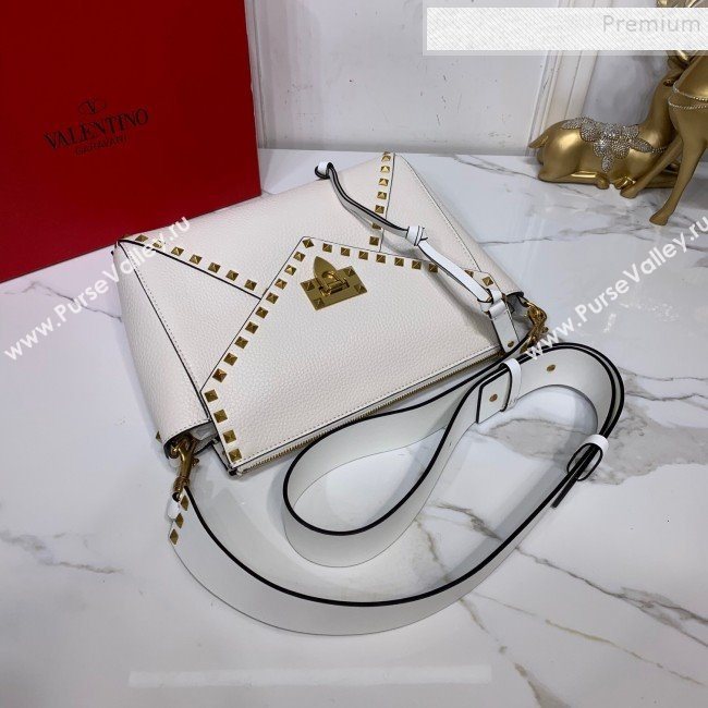 Valentino Medium Rockstud Hype Grainy Calfskin Shoulder Bag 0380 White 2019 (XYD-9102945)