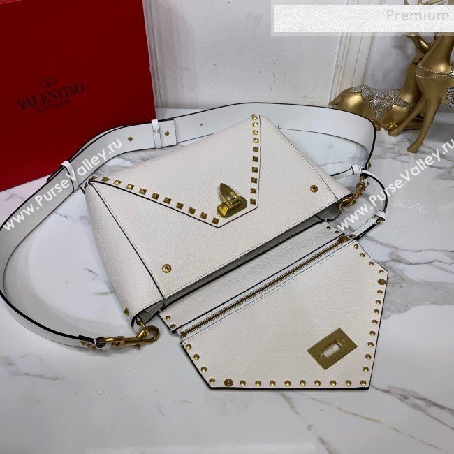 Valentino Medium Rockstud Hype Grainy Calfskin Shoulder Bag 0380 White 2019 (XYD-9102945)