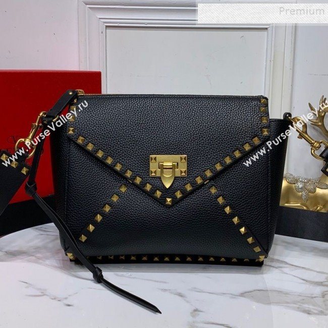 Valentino Medium Rockstud Hype Grainy Calfskin Shoulder Bag 0380 Black 2019 (XYD-9102946)