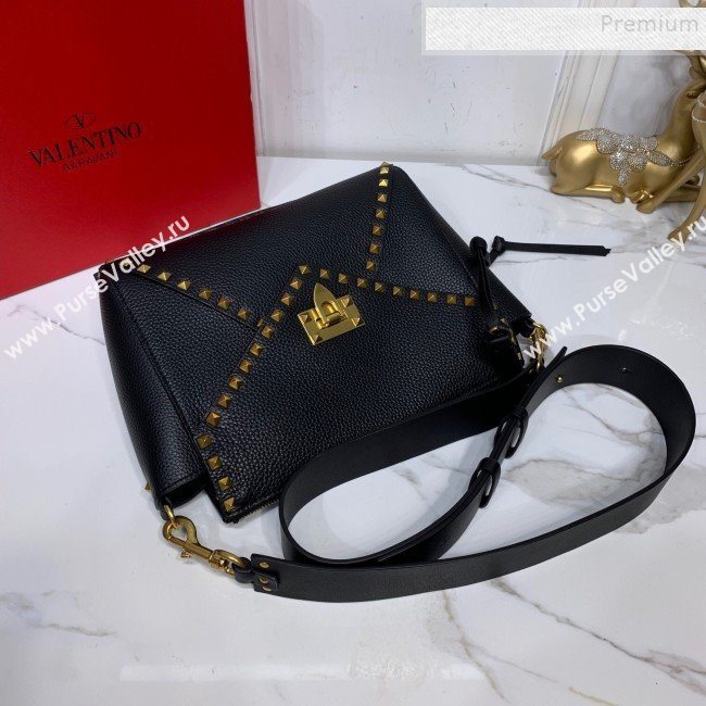 Valentino Medium Rockstud Hype Grainy Calfskin Shoulder Bag 0380 Black 2019 (XYD-9102946)