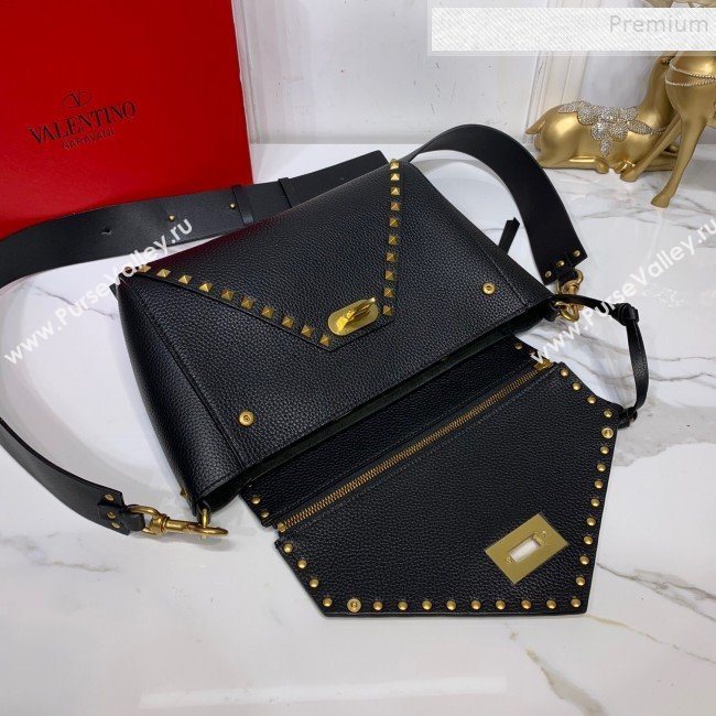 Valentino Medium Rockstud Hype Grainy Calfskin Shoulder Bag 0380 Black 2019 (XYD-9102946)
