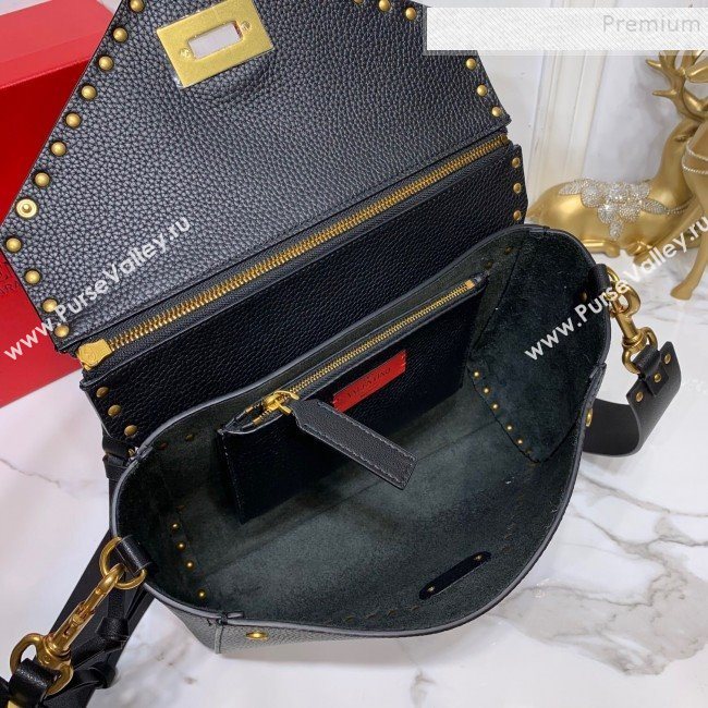 Valentino Medium Rockstud Hype Grainy Calfskin Shoulder Bag 0380 Black 2019 (XYD-9102946)