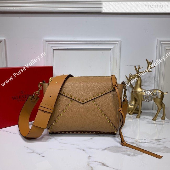 Valentino Medium Rockstud Hype Grainy Calfskin Shoulder Bag 0380 Brown 2019 (XYD-9102947)