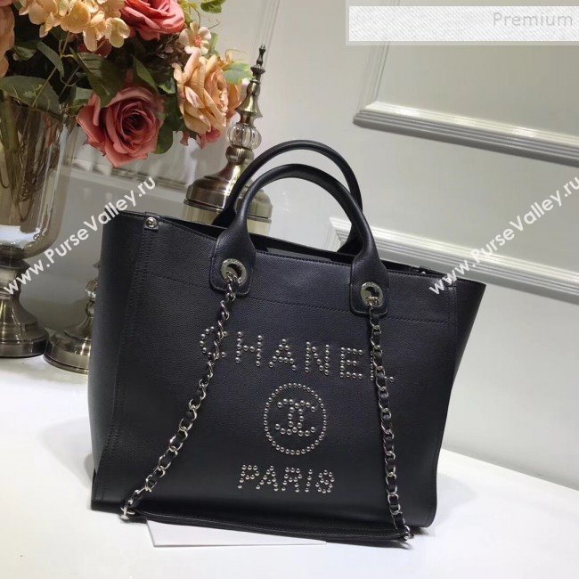 Chanel Deauville Grained Calfskin Medium Shopping Bag A57067 Black/Silver 2019 (JIYUAN-9102816)