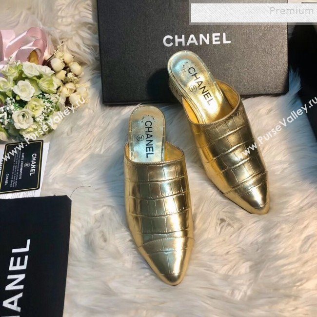 Chanel Crocodile Embossed Metallic Calfskin Mules G34909 Gold 2019 (MD-9110112)