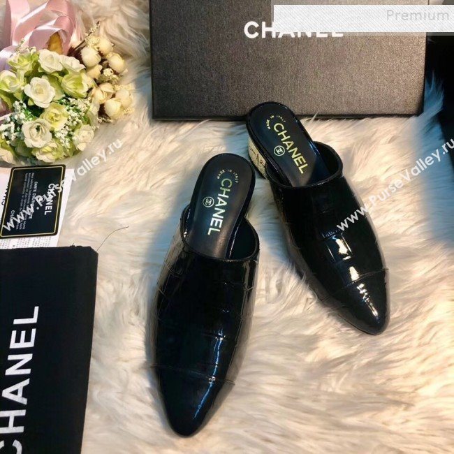 Chanel Patent Crocodile Embossed Calfskin Mules G34909 Black 2019 (MD-9110113)