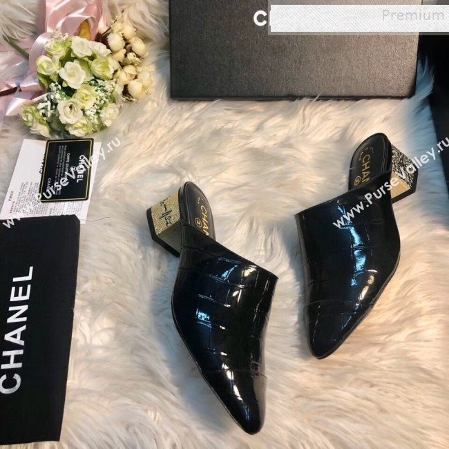 Chanel Patent Crocodile Embossed Calfskin Mules G34909 Black 2019 (MD-9110113)
