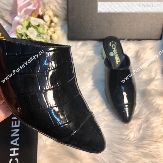 Chanel Patent Crocodile Embossed Calfskin Mules G34909 Black 2019 (MD-9110113)