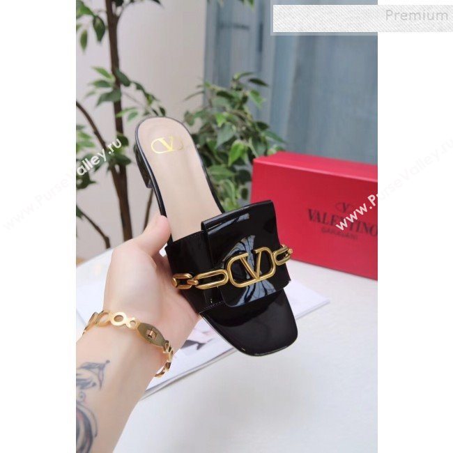 Valentino Patent Leather Vlogo Chain Flat Slide Sandals Black 2019 (MD-9110116)
