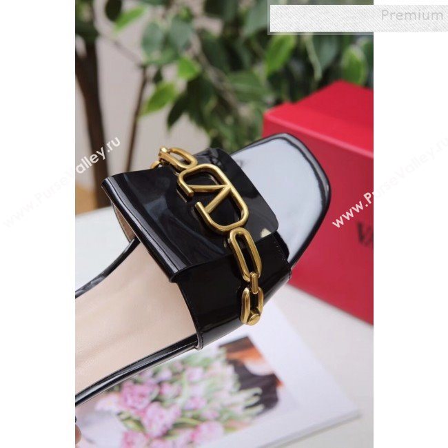 Valentino Patent Leather Vlogo Chain Flat Slide Sandals Black 2019 (MD-9110116)