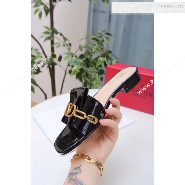 Valentino Patent Leather Vlogo Chain Flat Slide Sandals Black 2019 (MD-9110116)